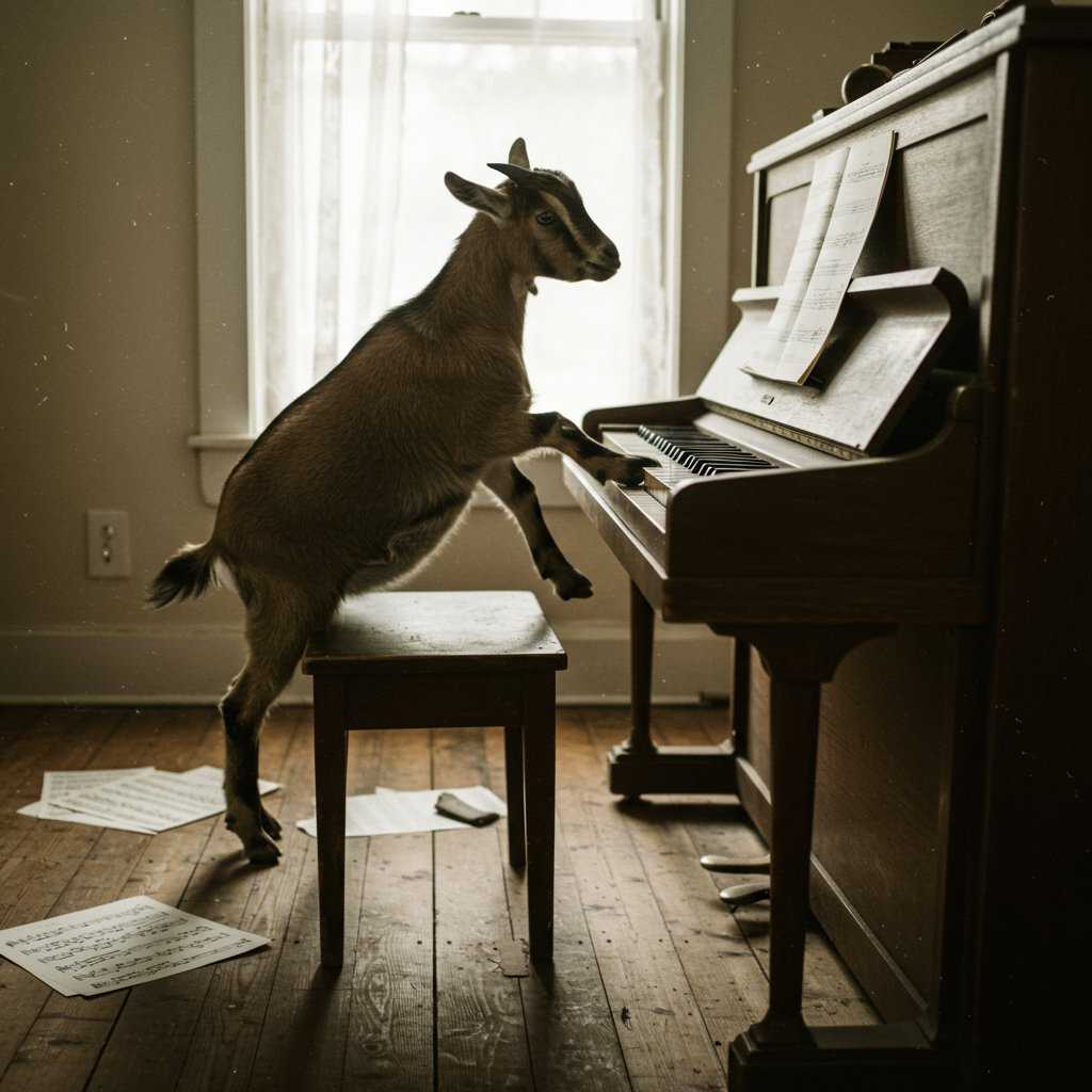 masterpiece, best quality, highres, sharp image, more detail, a candid photo of a goat playing the piano