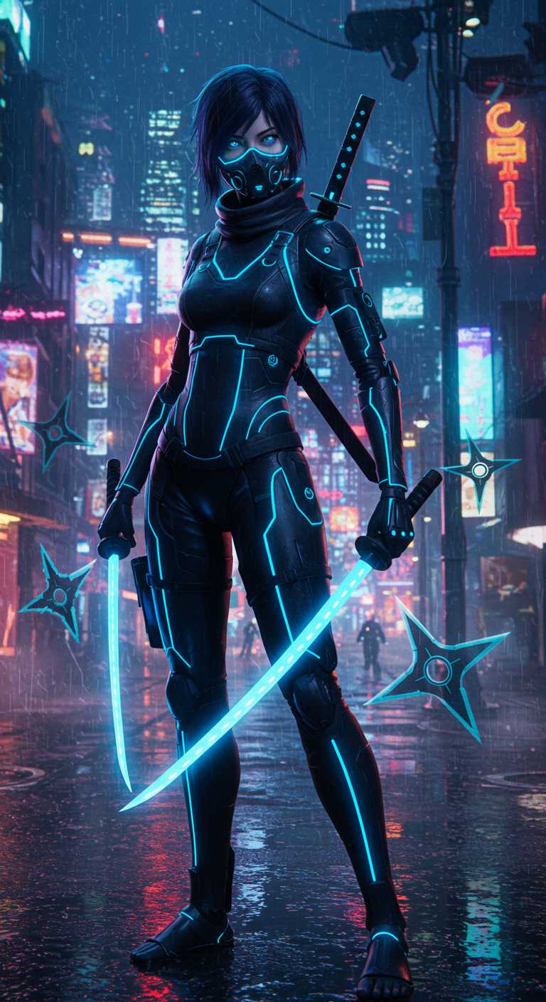 In a **futuristic cyberpunk cityscape**, a **female kunoichi ninja** stands poised for action. She has **short, spiky dark blue hair** that contrasts against the neon lights of the surrounding **futuristic skyline**. Her attire is a blend of traditional ninja gear with **cybernetic enhancements**:

- **Outfit**: A sleek, form-fitting black suit with **blue LED accents** along the seams, highlighting her movements. Her **ninja mask** covers the lower half of her face, leaving her **piercing blue eyes** visible, reflecting the city's neon glow.

- **Accessories**: She carries a **high-tech katana** on her back with a **glowing blue blade** and **futuristic shuriken** that hover around her, controlled by a **neural link**. Her **arm guards** and **leg braces** are embedded with **miniature screens** displaying tactical data.

- **Environment**: The scene is set at **night**, with **rain** gently falling, creating **reflective puddles** on the neon-lit streets. The **skyline** behind her is a tapestry of **holographic advertisements** and **tall, sleek buildings** with **glowing windows**.

- **Composition**: She is **slightly off-center** in the frame, looking towards the camera with a **determined gaze**. The camera angle is **slightly low**, emphasizing her readiness and the imposing nature of the city around her.

- **Mood and Atmosphere**: The atmosphere is **electric with tension**, the **humidity** and **vapor** from the rain mix with the **cyberpunk ambiance**, creating a **mystical yet gritty** feel. The **light sources** are primarily the **neon signs** and **city lights**, casting **shadows** and **highlights** that accentuate her form.

- **Style**: The image combines **cyberpunk aesthetics** with **traditional Japanese art**, reminiscent of **ukiyo-e** prints but with a **futuristic twist**. The **photography technique** would mimic **cyberpunk film noir**, with **high contrast**, **shallow depth of field**, and **vibrant, saturated colors** to convey the **overwhelming sensory experience** of a cyberpunk city.

- **Technical Aspects**: **Lens flare** from the neon lights, **bokeh** from background city lights, **digital noise** to simulate the gritty feel of a cyberpunk world, **vignetting** to focus on the ninja, and **