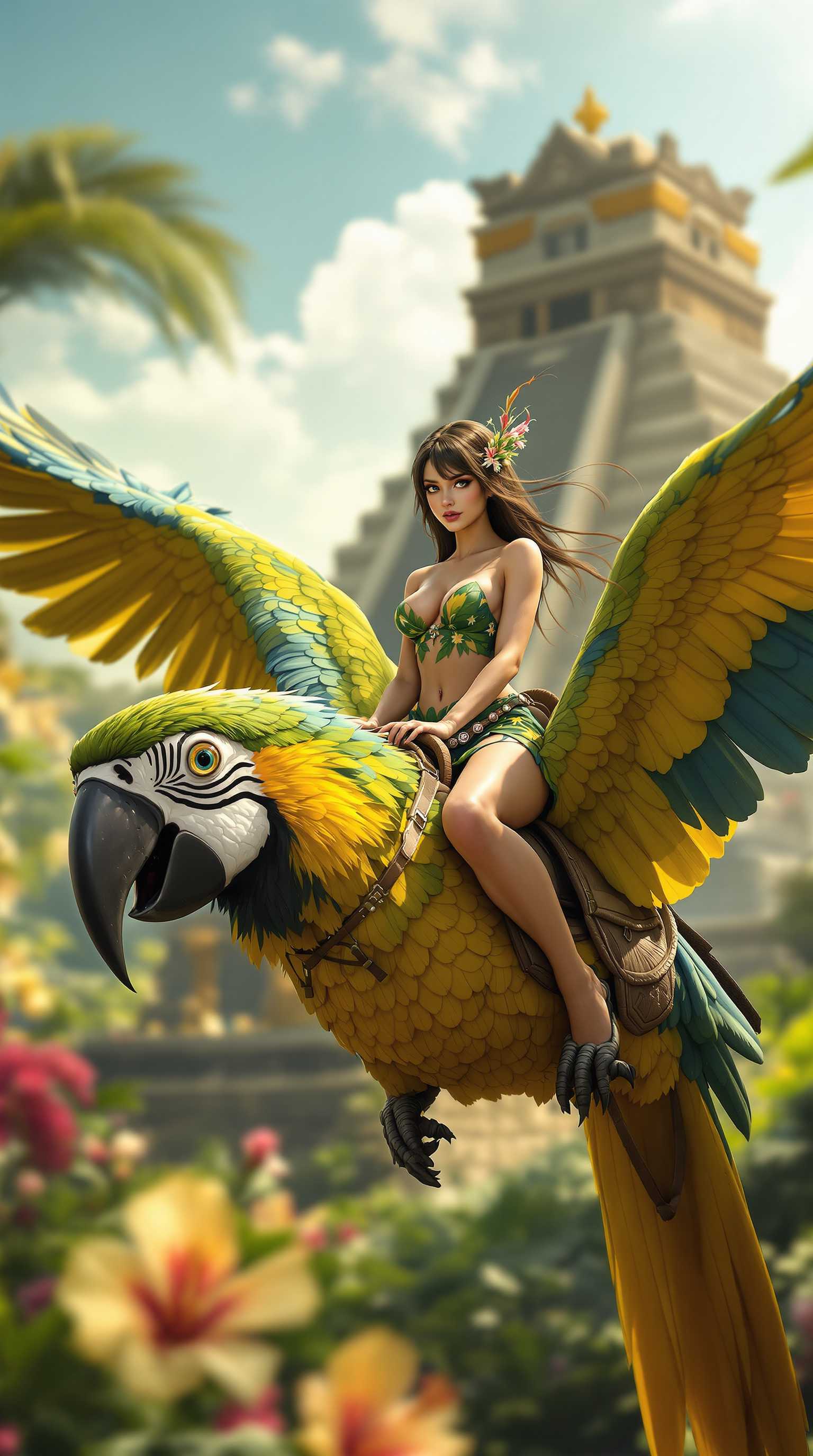A 7-inch-tall, **Amazonian** shrunken woman with a **brunette** Russian heritage, boasting **pale skin**, **rock hard abs**, a **skinny waist**, **bulging muscled biceps**, and **muscled legs**, **wearing a green and yellow tropical dress** that clings to her **muscular, no body fat** physique. She gazes **directly at the viewer**, her **life-like** appearance contrasting with her **diminished size**. She rides atop a **giant macaw parrot** with a **saddle**, the bird's **wings spread wide** in flight, navigating around a **giant Aztec temple** with intricate carvings. The **Hibiscus flowers** on the garden wall blur into a **surreal, fantasy background**, bathed in the **soft, golden light of late afternoon**. The scene evokes a **light fantasy atmosphere**, where she appears as a **mythical creature** like a fairy or pixie, **vulnerable** in this **enormous, yet enchanting** setting. **Cinematic**, **vibrant colors**, **shallow depth of field**, **dynamic angle** to emphasize the **sense of scale**, **soft focus** on the background to create **dream-like quality**, **vivid textures** to enhance realism.