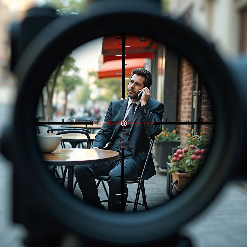 zoom look through a rifle scope with cross and tactical information on screen showing a scene with a business man sitting in a street cafe making a phone call 