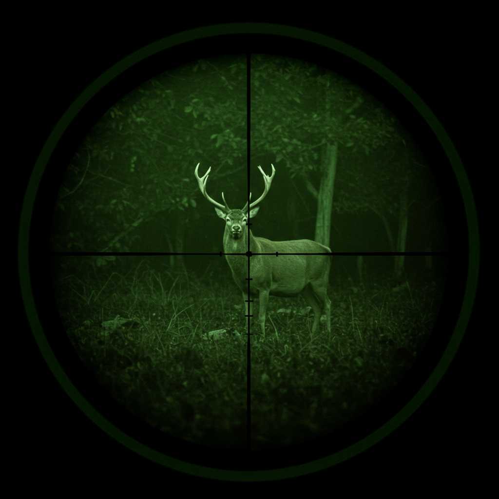 zoom look through a night vision rifle scope with cross and  showing a scene with a huge deer in forrest in grain green night vision color