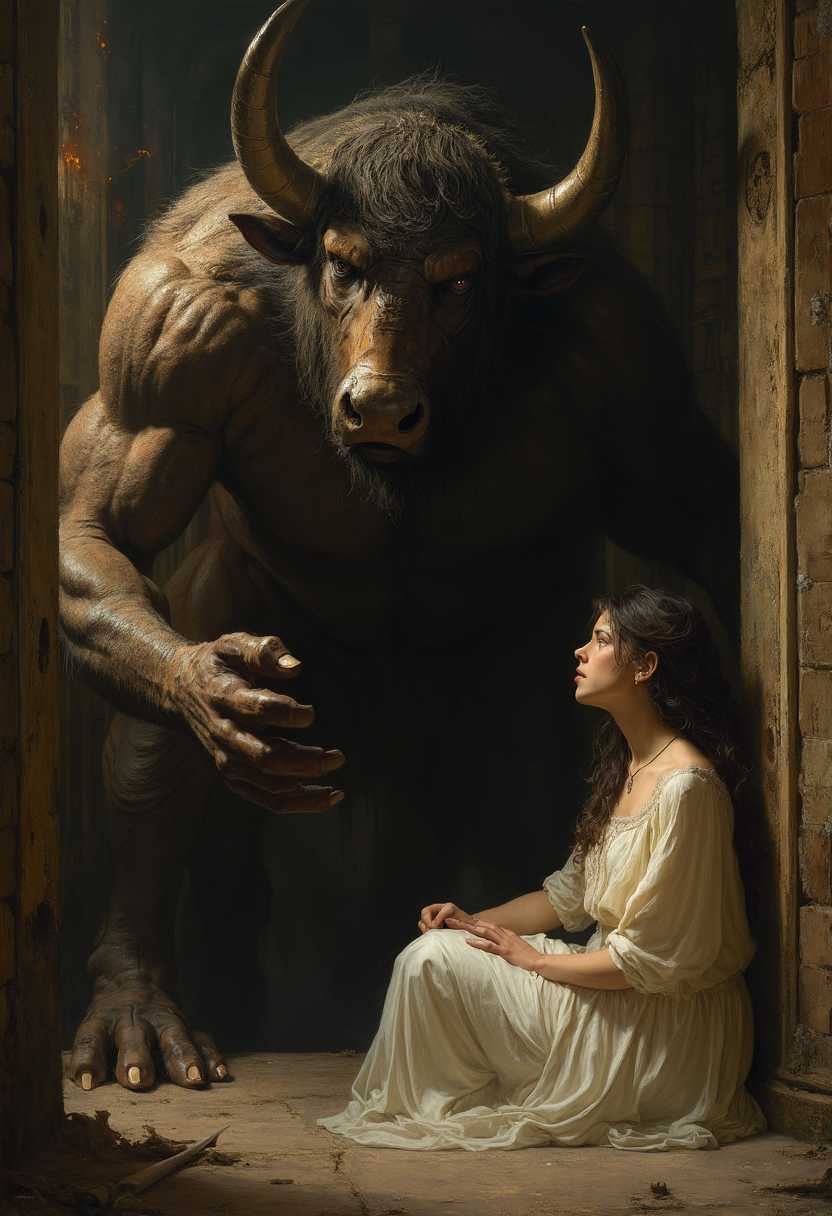 A colossal Minotaur, its muscular, fur-covered body glistening under the dim torchlight of an ancient, labyrinthine chamber. The creature's eyes, fierce and calculating, gaze intently at a young woman draped in a delicate white gown, symbolizing her status as one of the seven virgins sent as tribute. The woman's face reflects a mix of fear and resignation, her features beautifully captured in a chiaroscuro effect, contrasting sharply with the rugged, brutal appearance of the Minotaur. The chamber, filled with elaborate stone carvings and flickering shadows, adds a sense of historical depth and mythic intensity. The scene is rendered in the dramatic, emotive style of Caravaggio, with a strong focus on realism and intense lighting. The atmosphere is tense and foreboding, with the distant sound of dripping water and echoing footsteps enhancing the sense of impending doom. The overall composition places the Minotaur slightly off-center, looming over the woman who is positioned to the right, creating a dynamic balance between dominance and vulnerability.