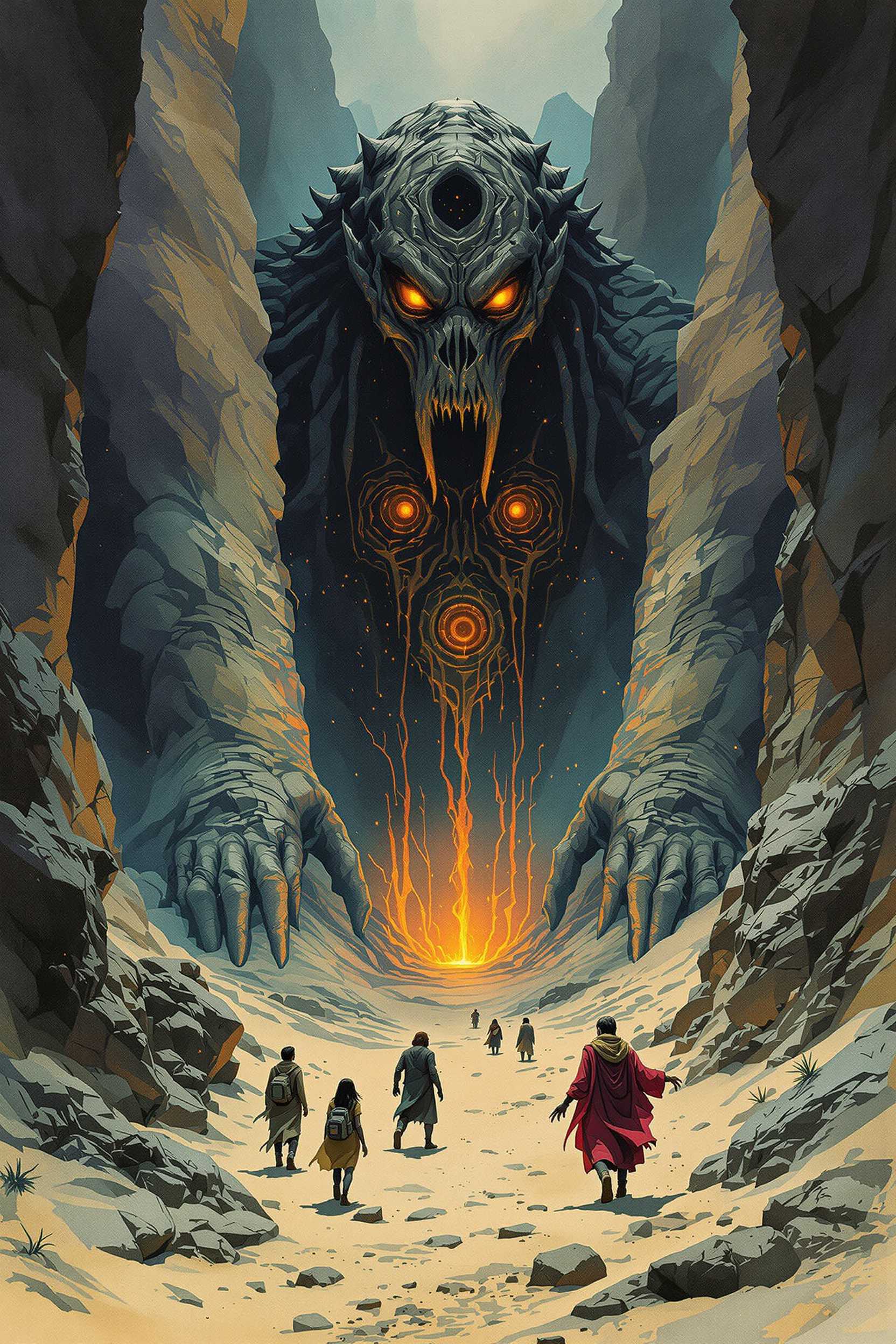 A group of nomads encounters a colossal, dormant being, half-buried in the sand. Resembling a Lovecraftian god, its awakening influences the minds of those around it, revealing cosmic horrors and truths., 
Inspired by the adventurous spirit of 'Indiana Jones' and infused with the ominous, otherworldly mystique of H.P. Lovecraft's universe. Picture a setting that merges the charm and camp of 1980s adventure films with the eerie, dreamlike quality of Lovecraftian horror. Visualize scenes where subtle yet powerful magic underlies the reality, evoking a sense of ancient, unfathomable forces lurking beneath everyday appearances. This blend captures the essence of a surreal, 80s-style cinematic world where every corner hides a hint of mystical wonder and dark, arcane secrets, 
the scene is captured in dimly lit dark fantasy but vibrant colors, with bold ink lines defining form against the watercolor wash of the aged paper