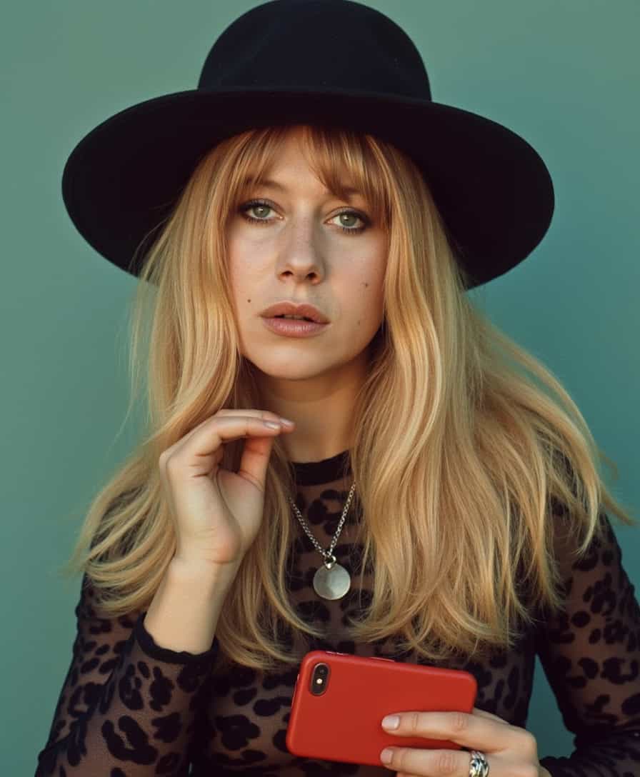 Capture a striking  image in the iconic portrait style of Annie Leibowitz, featuring TOK a blonce woman, the clothing should be in a 60s fashion