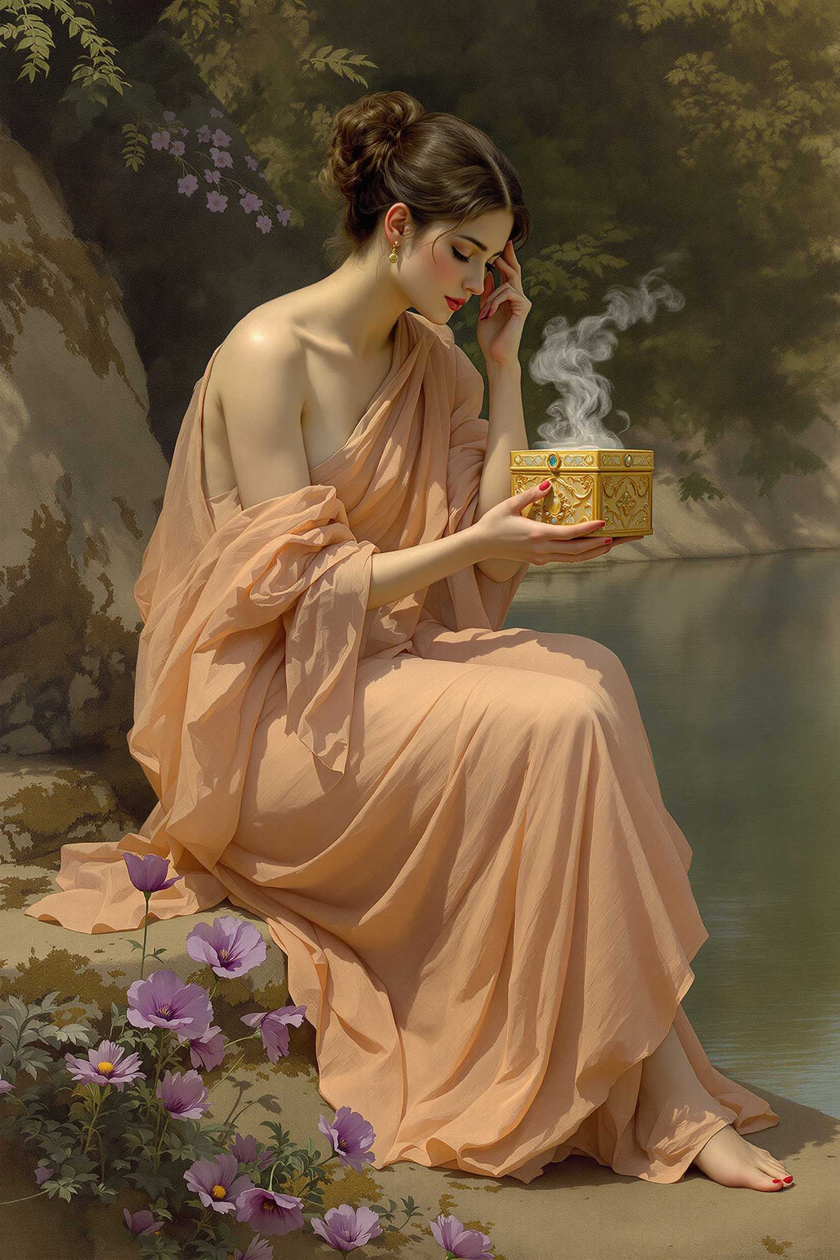 This image depicts a classical scene, likely inspired by a mythological narrative, with a focus on a female figure engaging with a small, ornate golden box. Here is a detailed list and description of the visual elements present in the image1. Female Figure The central figure is a woman dressed in a flowing peach colored robe with a sheer, draped fabric. One shoulder is exposed. Her hair is styled in a bun, and she is seated on a rocky ledge.2. Golden Box The woman is holding a small, intricately designed golden box with a lid that is slightly ajar, revealing a glimpse of what might be inside. The woman is trying to look inside the box, and whisps of vapor are coming out of the open lid. The box has a pattern of floral motifs and is embellished with what appears to be precious stones.3. Surroundings The woman is seated on a rocky ledge, which slopes down to a body of water in the background. The water is calm, with a reflection of the trees and sky. The rocks are mosscovered, and the foliage in the background is lush, with a variety of green hues.4. Flowers There are purple flowers in the foreground, which are likely poppies, adding a splash of color to the scene.5. Lighting The lighting in the scene is soft and diffused, casting gentle shadows and highlights that give the image a serene and timeless quality.6. Texture The womans robe has a soft, flowing texture, while the rocks and foliage have a rougher, more natural texture.7. Color Palette The color palette is muted with earthy tones, punctuated by the vibrant purple of the flowers and the warm gold of the box.8. Composition The composition is balanced with the woman and the box placed offcenter, drawing the viewers eye and creating a sense of depth.9. Atmosphere The atmosphere is one of quiet contemplation and mystery, as the viewer is left to wonder about the contents of the box and the significance of the scene.10. Artistic Style The style of the painting is reminiscent of late 19th to early 20thcentury Impressionism or Symbolism, with a focus on light, texture, and atmosphere.These elements come together to create a scene that is both visually rich and evocative, inviting the viewer to ponder the story or myth that might be behind this moment captured in time.
