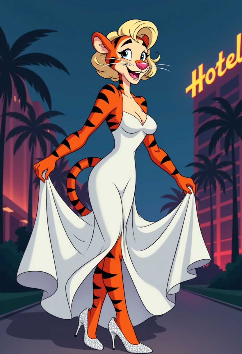 Classic cartoon effect. Girl version of Tigger the Tiger from Disney with some eyeliner, svelte, wearing a white evening dress and sparkly white high heeled shoes, in the famous pose of M Monroe with dress up trying to hold it down. The background is the exterior of an expensive hotel with mostly blue and a little red coloured lighting in the late evening