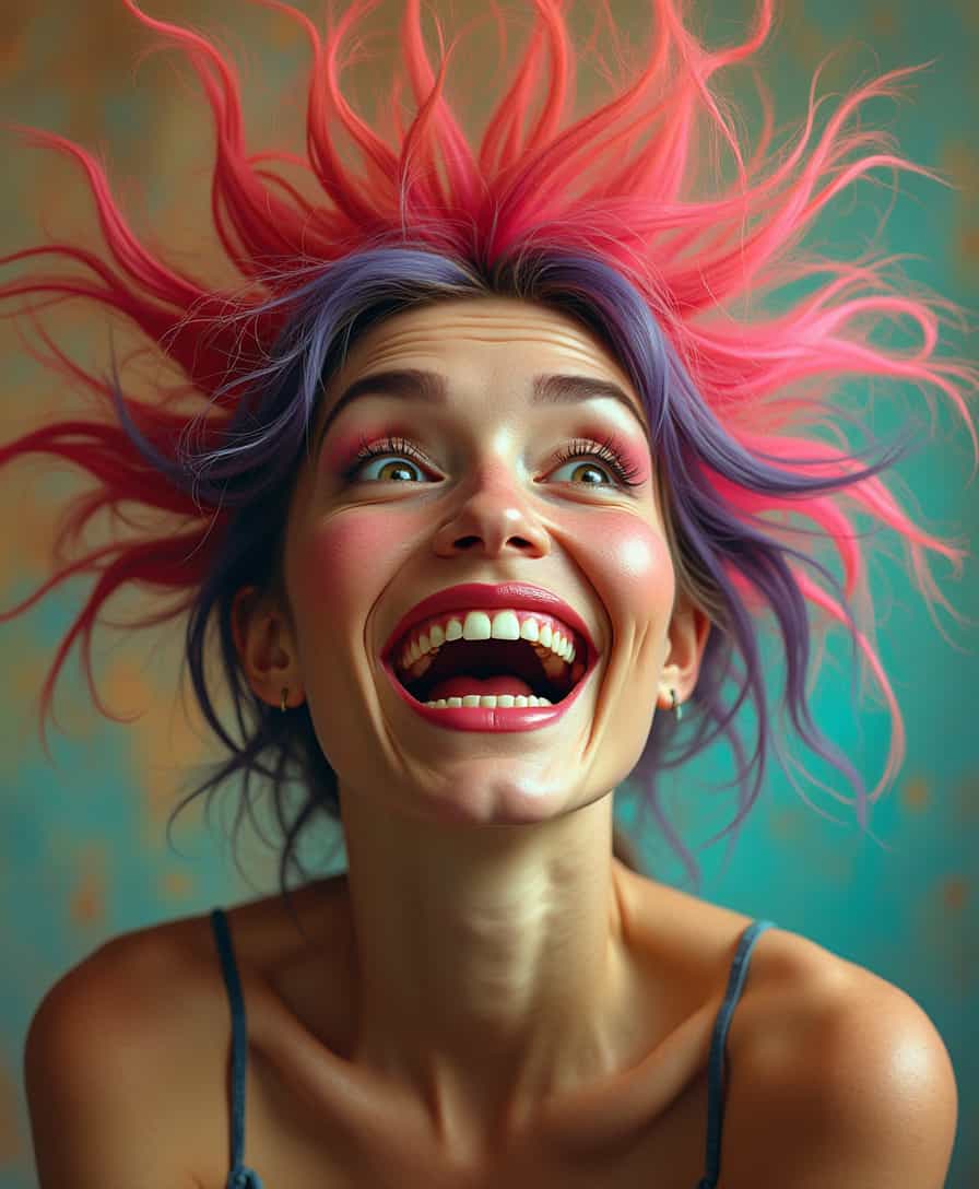 in photo realistic style , surreal , full of color , comedy , crazy style , a crazy woman with a huge smile