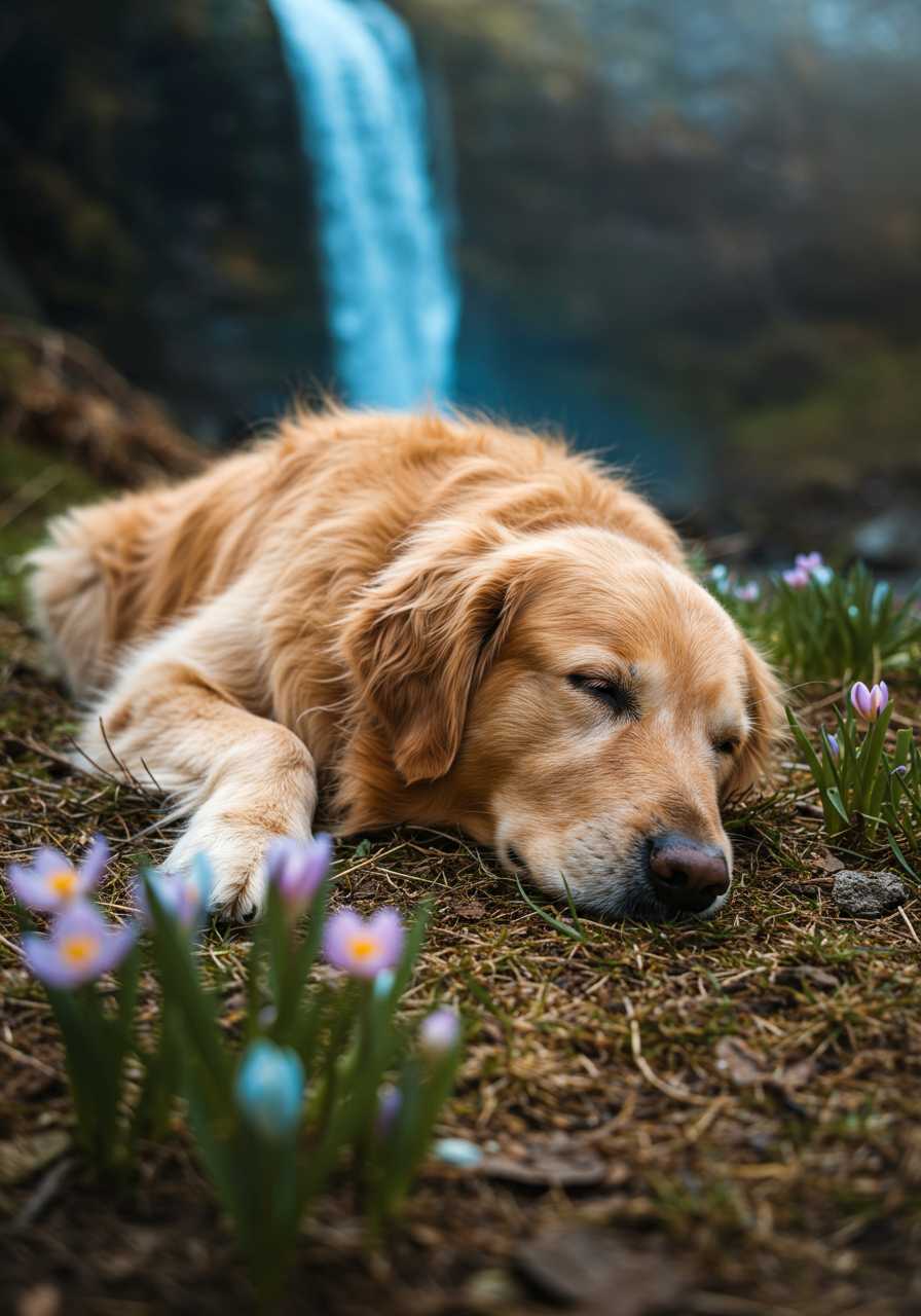 A cozy fluffy golden retriever lying sleeping on the ground, colorful crystal flowers growing around, showing beautiful spring landscape with crystal clear blue waterfall background , and warm color tones, soft texture, smooth hair texture, shallow depth of field photography, close-up shot, potrait shot, bright hue sunlight, full body shot 