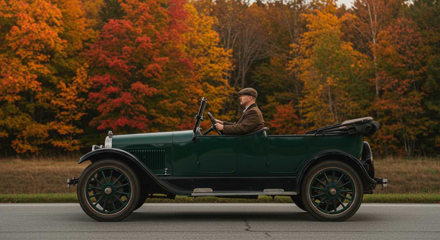 a profile shot of a man driving a seven passenger 1924 studebaker touring vehicle on a paved road passing by fall trees and foliage photo realistic