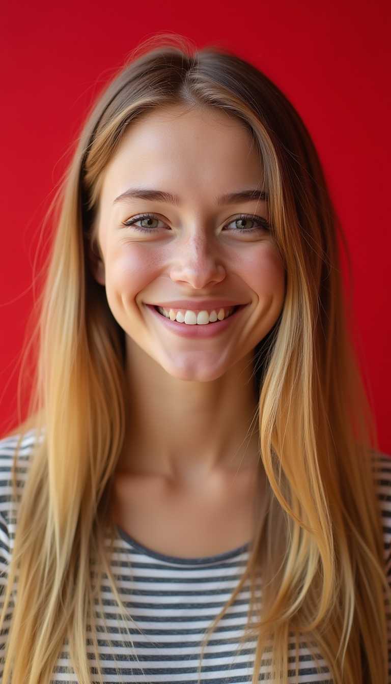 Photo of an attractive young woman with long, straight blonde hair, smiling and looking directly at the camera. She is wearing a striped shirt against a vibrant red background. The focus should be on her face to highlight her features and smile. Use soft lighting to enhance her beauty and create a warm atmosphere. Capture natural expressions that convey joy and confidence in this portrait shot.
