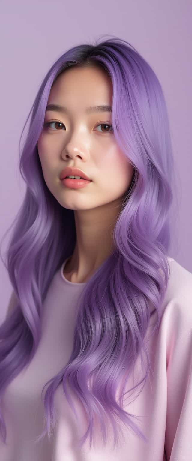 A soft lavender background with subtle pink accents, creating a delicate and harmonious analog color scheme. A girl with long, soft purple hair dyed using Concept PROFY TOUCH, her hair slightly flowing to create a sense of movement. She looks straight into the camera with a confident and calm expression. The focus is entirely on her hair, showcasing its shine, health, and vibrant color. Natural light, soft shadows, and a clean, elegant atmosphere