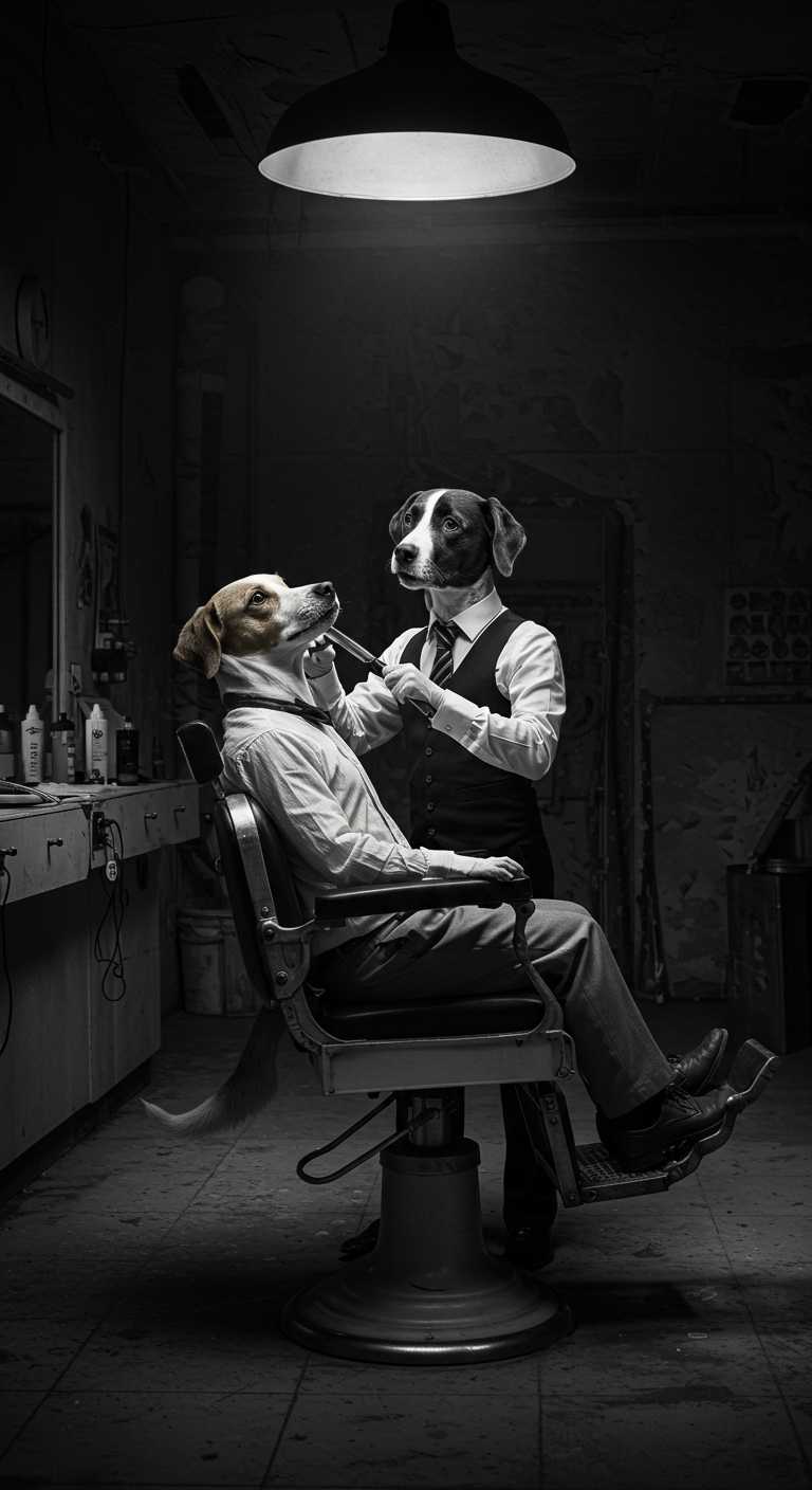 Joel Peter witkin inspired photo. The setting is in a dark dilapidated nuclear facility with a barber shop. Black and white There is a dog in the chair getting a straight razor shave from another dog. Two dogs in the image. The barber dog has a straight razor to the neck of the dog in the chair. The dogs wear clothes and walk upright and move like humans. 