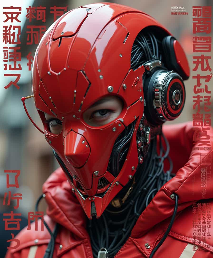 japanese fashion magazine cover with intricate and beautiful kanji fonts, barcodes, symbols, a ultra close up, so close you can taste it, robotic red samnurai tengu mask that is sleek and glossy with high reflection, beneath the mask are mechanical parts, this cyberpunk is wearing street wear harajuku style fashion, in the style of ultra high end fashion magazine