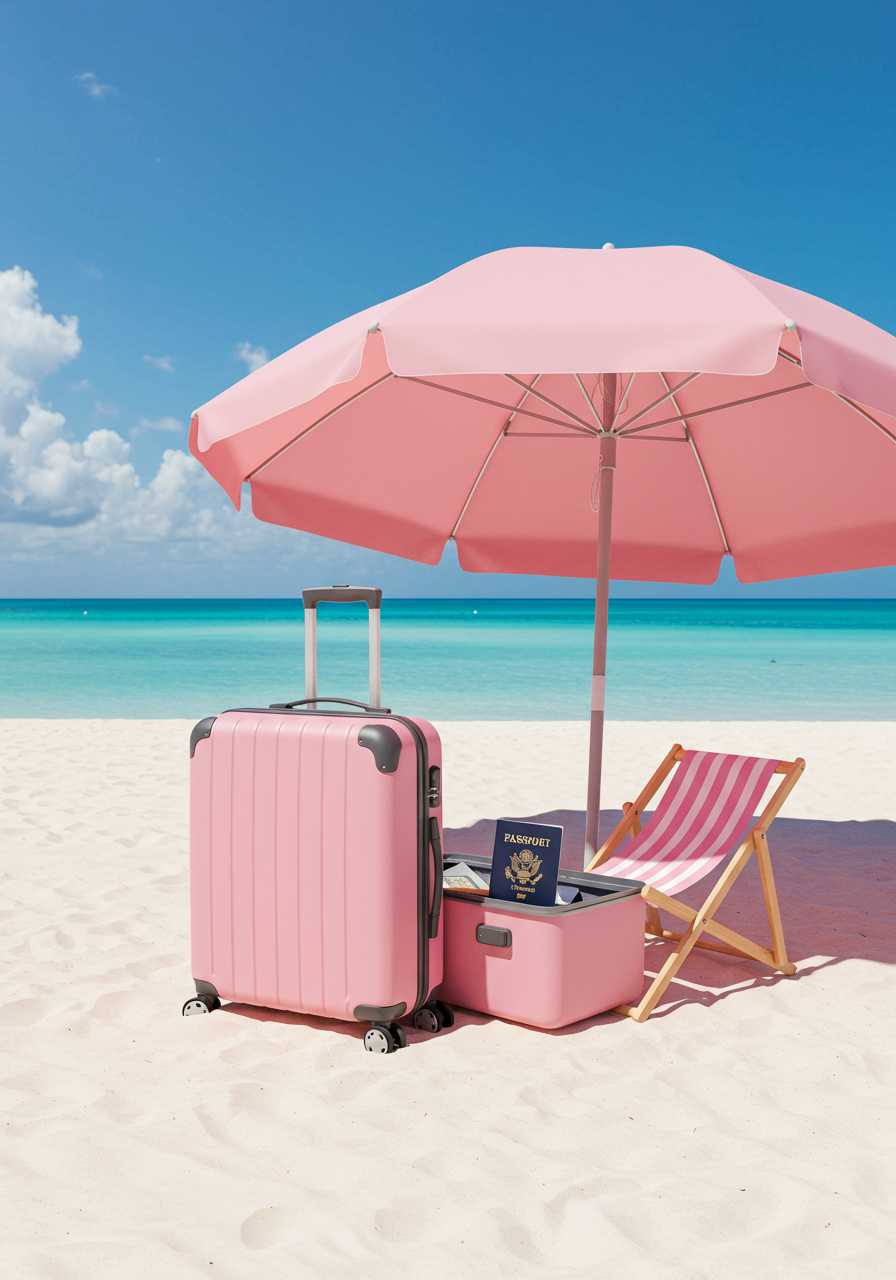 A pink suitcase, with the passport and beach chair inside it, is placed on an umbrella at a beautiful sandy white beach in Barbados. The scene features a blue sky and a pink color scheme, with a dreamy and romantic style. This hyper-realistic photograph was taken using an iPhone. 