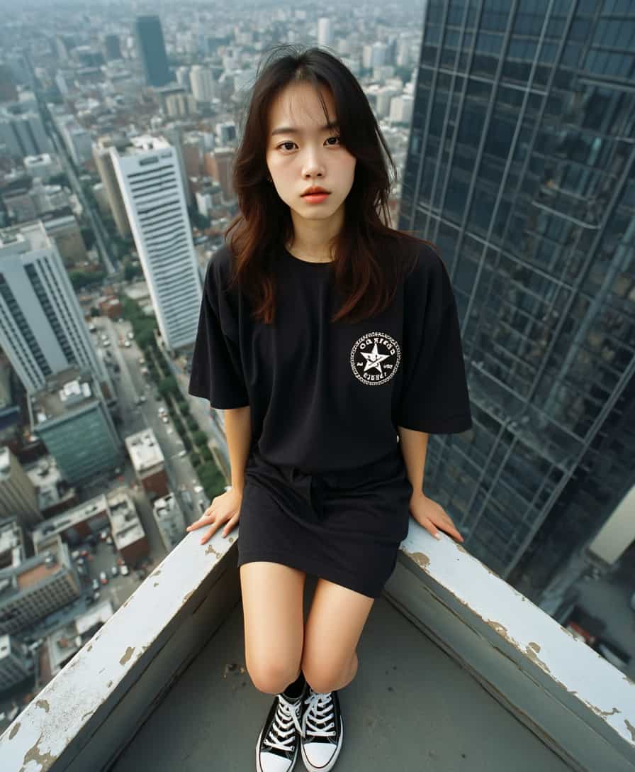 woman, looking straight into camera, black oversized t-shirt dress before knees, female model, hair, converse all star, full body shot, shoot from the top, view from top, wide camera angle, early 2000s, from top, on the roof of tokyo skyscraper, beautiful tokyo skyline