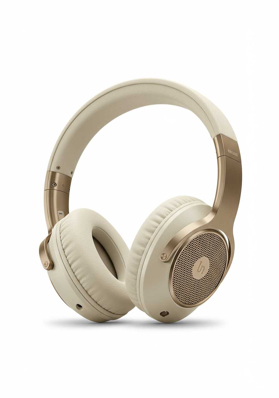 a photo of a high end designer over the ear headphones in cream and brushed dark gold against a white background, product photography