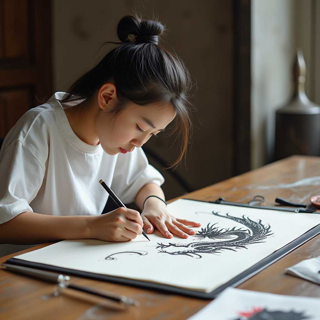 A modern Chinese student prepares to paint Kui Dragon on paper with traditional Chinese ink painting during a class