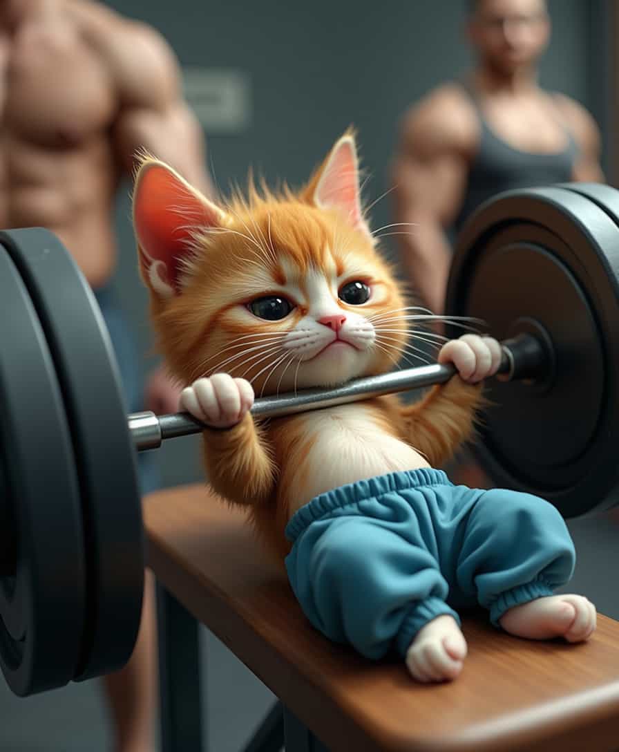 A small, skinny anthropomorphic cat with no muscles and a cute, innocent face, lying nervously on a gym bench, attempting to lift a lightweight barbell. The cat’s frail, thin body is evident as it struggles with the barbell. It is wearing loose blue pants that highlight its weak physique. Sweat drips from its forehead, and its face shows visible struggle and self-doubt. The gym features strong, confident individuals in the background, emphasizing the cat’s vulnerability.