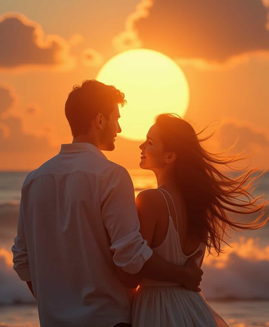 photorealistic super hd, a giant sun at 10 in the morning shining on the sea waves. a beautiful couple looking at the sun and they are from behind. the wind blows in the woman's long hair. The atmosphere is romantic and relaxed