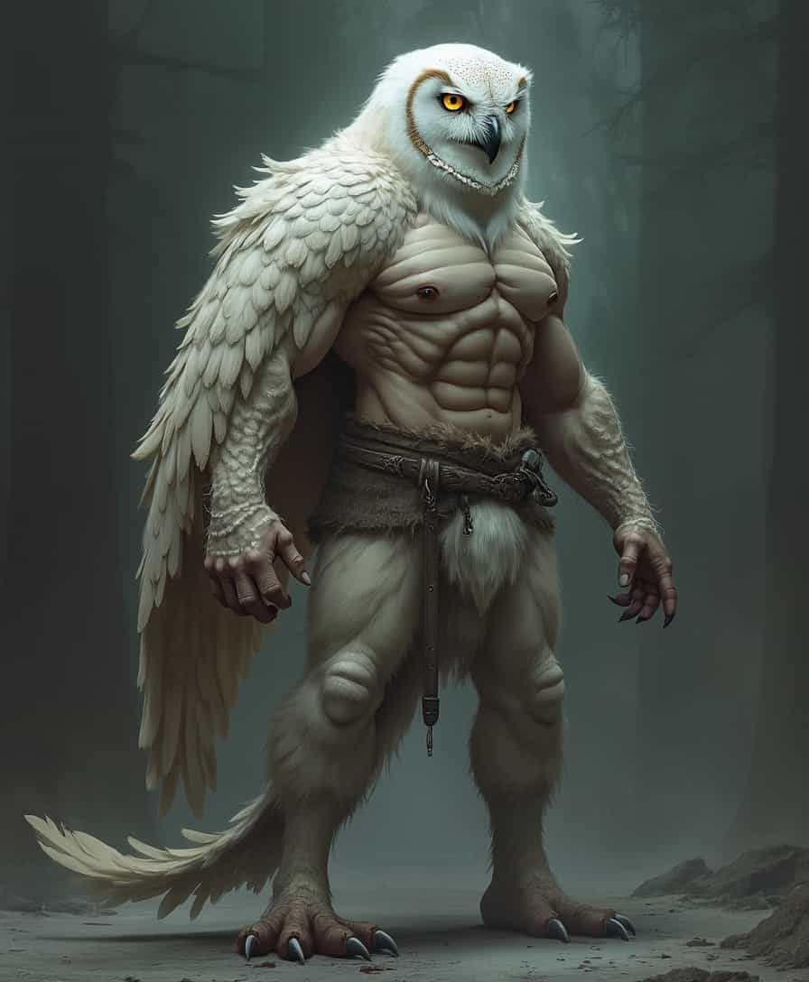 Create a realistic image of a humanoid owl, where the body is that of a muscular adult human, but the head is that of a majestic white owl with piercing yellow eyes and sharp talons, and it has a long, feathery tail extending from the lower back, standing tall with a powerful stance as if ready for battle, with defined muscles and a strong, rugged facial structure, with a few loose feathers scattered around the hairline, and a wise, determined expression on the owl-like face, set against a dark, misty background with subtle hints of moonlight casting an eerie glow on the figure's feathers and skin, with intricate details on the feathers, skin texture, and facial features.