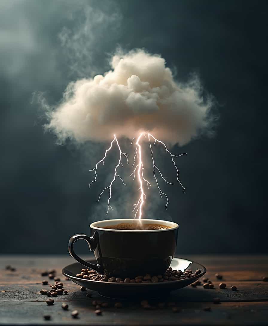 coffee steam in form of small storm clouds over a cup of coffee with lightning strikes came out of the clouds