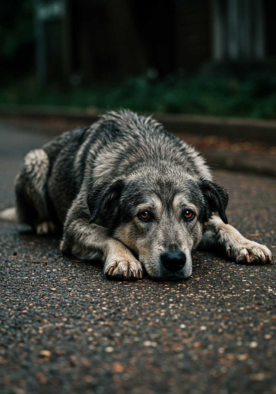 High quality, very detailed, cinematic, dynamic lighting, close up portrait, very old dog, wet gray fur, stray dog, sad, lying on the road, looking up, head down to the ground, dirty road, street, afternoon, rainy day, high angle shot
