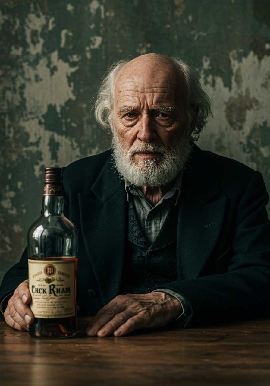 High quality, very detailed, cinematic, dynamic lighting, close up portrait, very old man, wrinkled, white hair, bald, beard, wearing formal worn black jacket and shirt, seated at a table with bottle of cheap rum, dirty wall background, worn out paint, sad expression, looking to viewer, despair, just cry