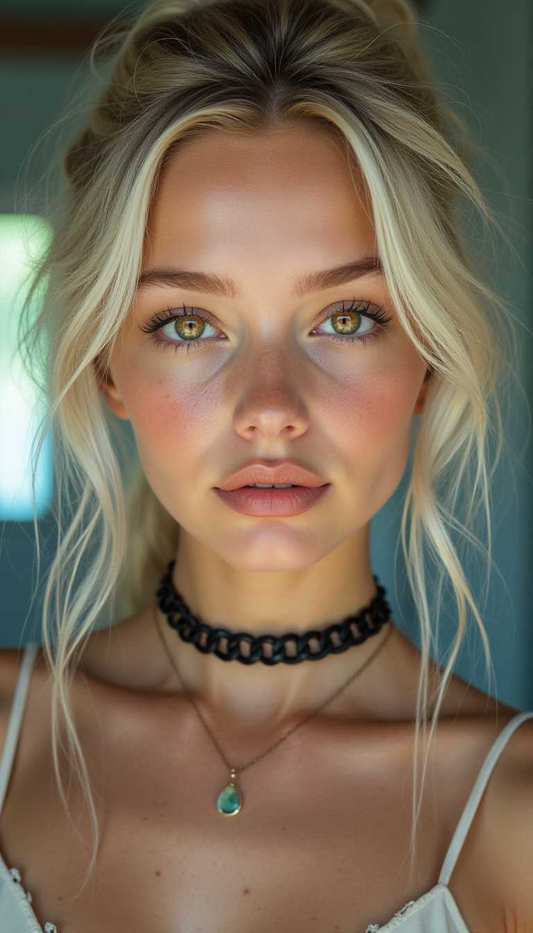  a lifelike portrait of a young woman with soft platinum-blonde hair styled in loose, tousled strands. Her glowing skin, adorned with delicate freckles, is illuminated by soft, ethereal lighting. She has amber-colored eyes with intricate, realistic detailing that draws focus. Her lips are glossy with a natural, peachy-pink hue, slightly parted in a thoughtful expression. A chunky black choker necklace sits snugly against her neck, adding contrast to her pale complexion. The background is softly blurred, with hints of cool blues and greens that enhance the dreamy, tranquil atmosphere. The fine details of her skin, strands of hair, and jewelry add to the photorealism.