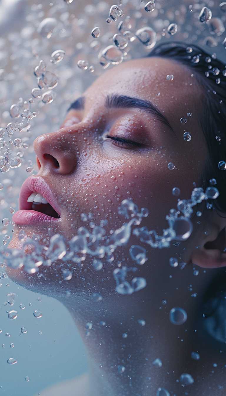 Create a surreal and artistic photograph of a woman's face dissolving in water, capturing the emotions and intensity of the moment, using a Nikon D850 camera paired with a Nikon AF-S NIKKOR 58mm f/1.4G lens, renowned for its exceptional bokeh and ability to create a dreamlike atmosphere, with a grainy texture and a subtle film grain effect added in post-processing to give the image a nostalgic and timeless feel, and a vibrant set of colors including shades of pink, purple, and blue to enhance the surreal quality of the image, with a soft and ethereal lighting and a subtle gradient of beige colors to add depth and emotion to the image, and a composition that focuses on the woman's face and the water, with her features slowly dissolving into the liquid, as if her emotions are washing away, creating a sense of introspection and emotional release, as if the woman is letting go of her fears and anxieties.