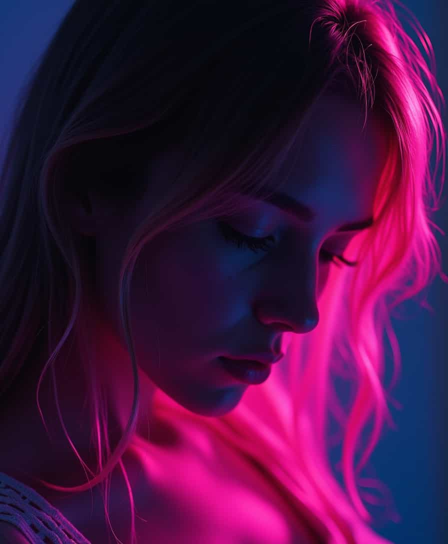 backlight visual art of a womans face, pink light, bioluminescent, fluorescent, silhouette,