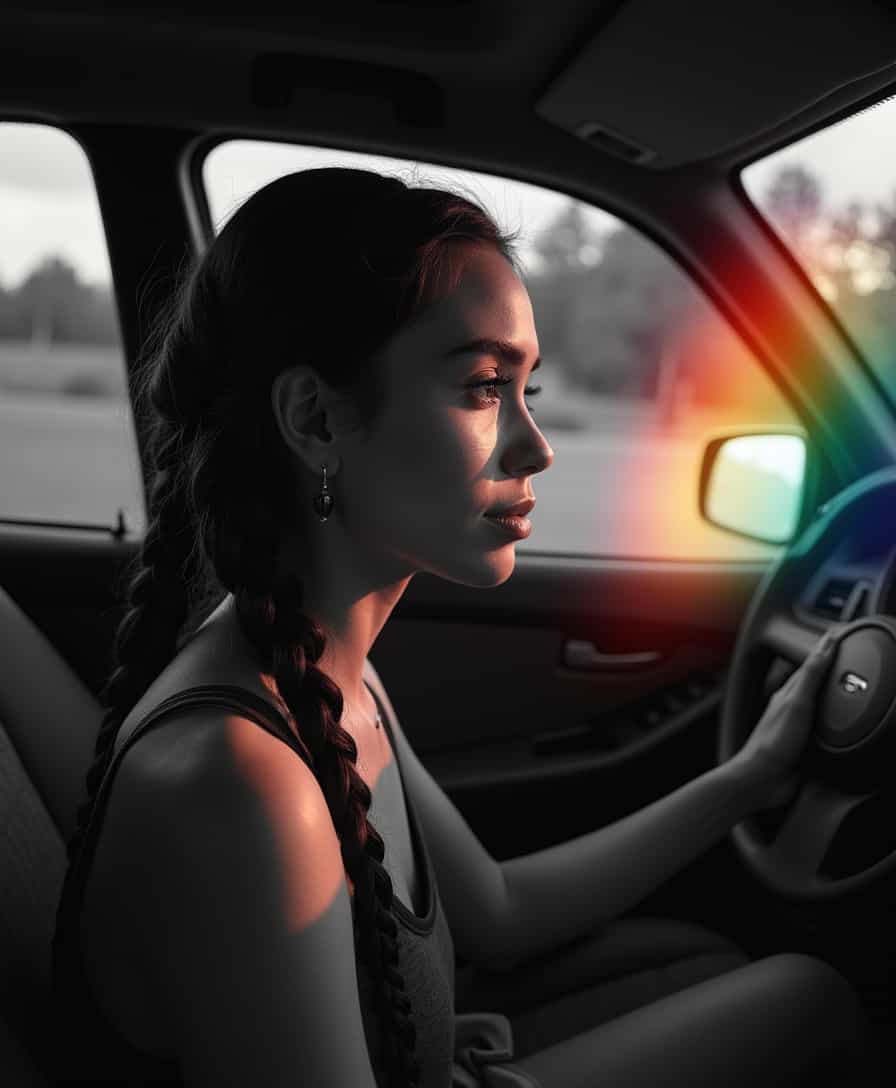 Minimalist photography of a woman with rainbow prism lighting, she is in her car looking out window, high contrast black and white, beautiful woman, long hair in braids, soft glow, high fashion, hasselblad photography