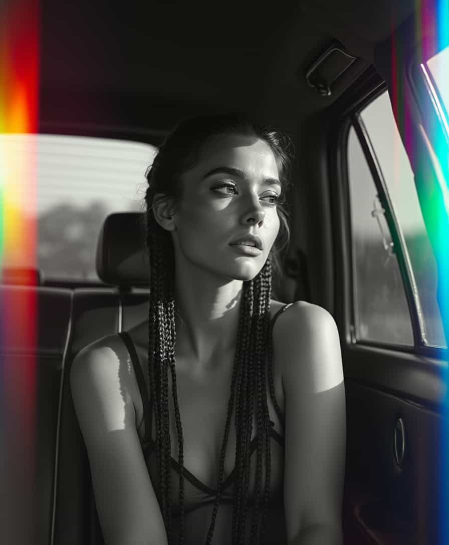 Minimalist photography of a woman with rainbow prism lighting, she is in her car looking out window, high contrast black and white, beautiful woman, long hair in braids, soft glow, high fashion, hasselblad photography