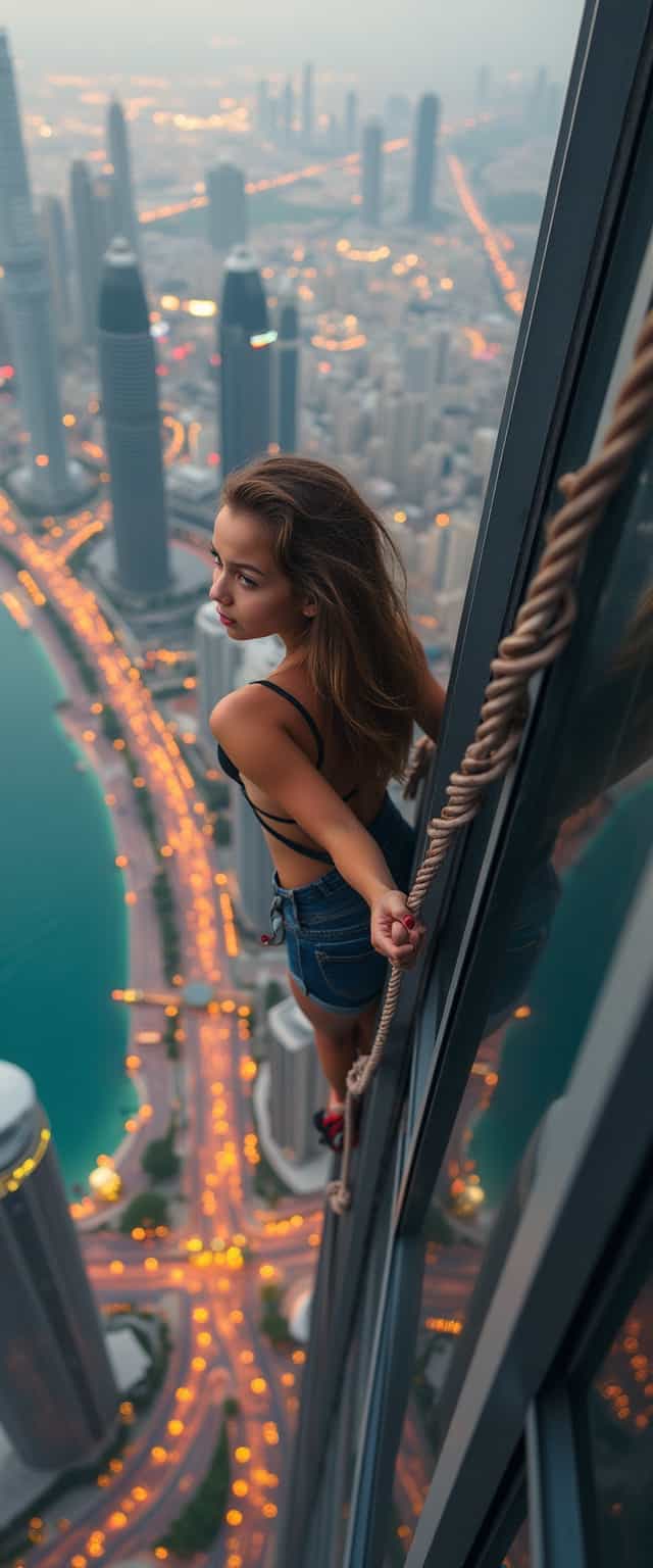 a free climber girl on a very high sky scraper in Dubai city,  bokeh