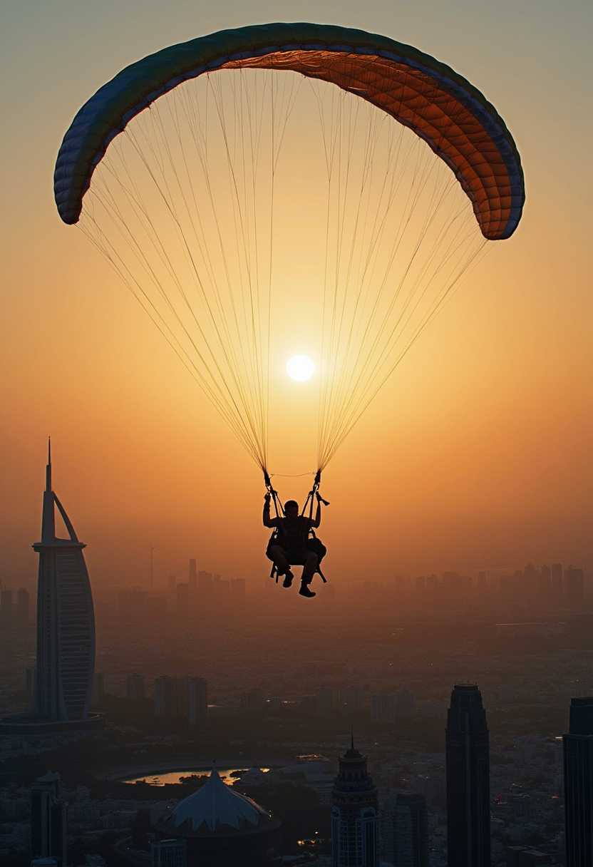 paraglider between very high sky scraper in Dubai city,  golden hour, bokeh