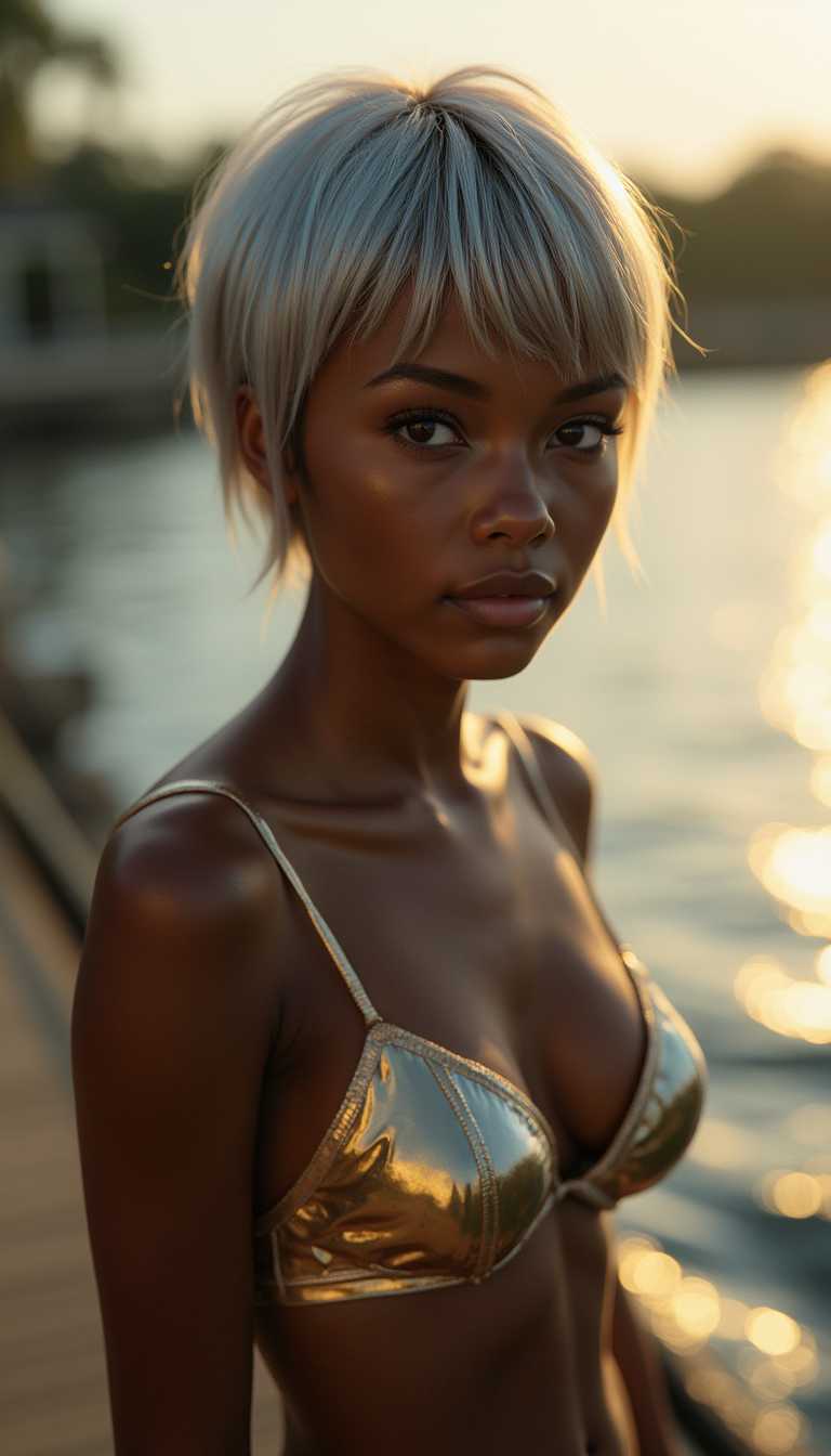 ramatic shadows, cinematic lighting, volumetric lighting, (light particles:1.3), backlighting, dappled light, from below, close up, girl, iridescent hair, Comb-Over Fade with Hard Part, pixie cut, gray eyes, dark skin, dark-skinned female, small breasts, makeup, collar,  gold bra, panties, three quarter view, , standing, standing on one leg, , BREAK, pier, stretching into water, scenic views, leisurely stroll, warm lighting, dim lighting, photorealistic, volumetric lighting, dappled light, light particles, dramatic shadows, cinematic lighting, in heat, photo background, (depth of field:1.1)