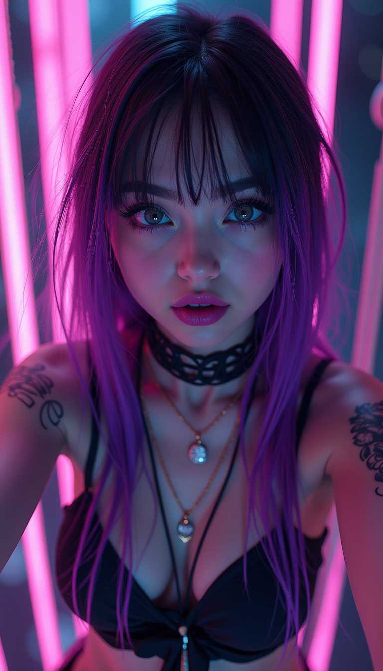 diminutive sexy goth girl, (crazy long bright purple silver and black hair:1.1), (highly detailed light grey  grey eyes:1.1),  thin waist, thin body, small stature, goth jewelry, facing forward, (fluorescent neon glowing ropes, bdsm:1.3), (suspended by ropes high above the floor, floating, eager moaning happy lobreasts,ok,  ( deep glossy shinning purple lips:1.1), dramatic black eye liner, neon purple glowing eyeshadow, blush, flush,   mascara running, make-up tears,  eyes focused on the camera, mouth open, volumetric lighting, glowing lights,  Hyperrealism style, painstakingly photoshopped, magazine cover shoot, perfect skin and features, (goth tattoos:1.2), (extremely pale white skin:1.4), glamour photography style, (insanely high face detail:1.3)