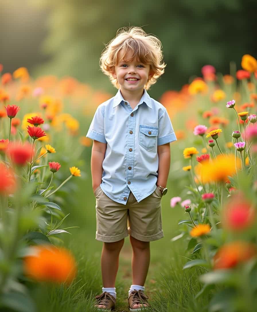 Shocking full shot of an adorable and gorgeous Scandinavian 10-year-old male kid model. Angelic face. He is surrounded by colourful flowers. The child feels happy and pleased with flowers. Summer short school outfit (shirt, short shorts, shoes). The snapshot is aesthetic and settles a link between fantasy and reality according to children imagination. The charm of childhood innocence. Photorealistic textures. Detailed fine art masterpiece. Professional studio quality