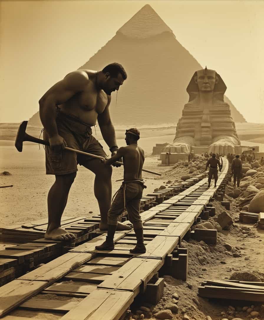 ((historical photography)), ((sepia color)), ((oil grain)), The Ramp Builders:A giant and a human work together to construct a long wooden ramp, essential for moving massive stones up to the growing Sphinx. The giant drives large stakes into the ground with a hammer, his broad back glistening with sweat, while the human worker organizes the planks and ties them together with rope. The background features the Sphinx in the early stages of its construction, its body rising out of the golden sands. The sun casts long shadows, and workers hurry back and forth, carrying tools and materials.