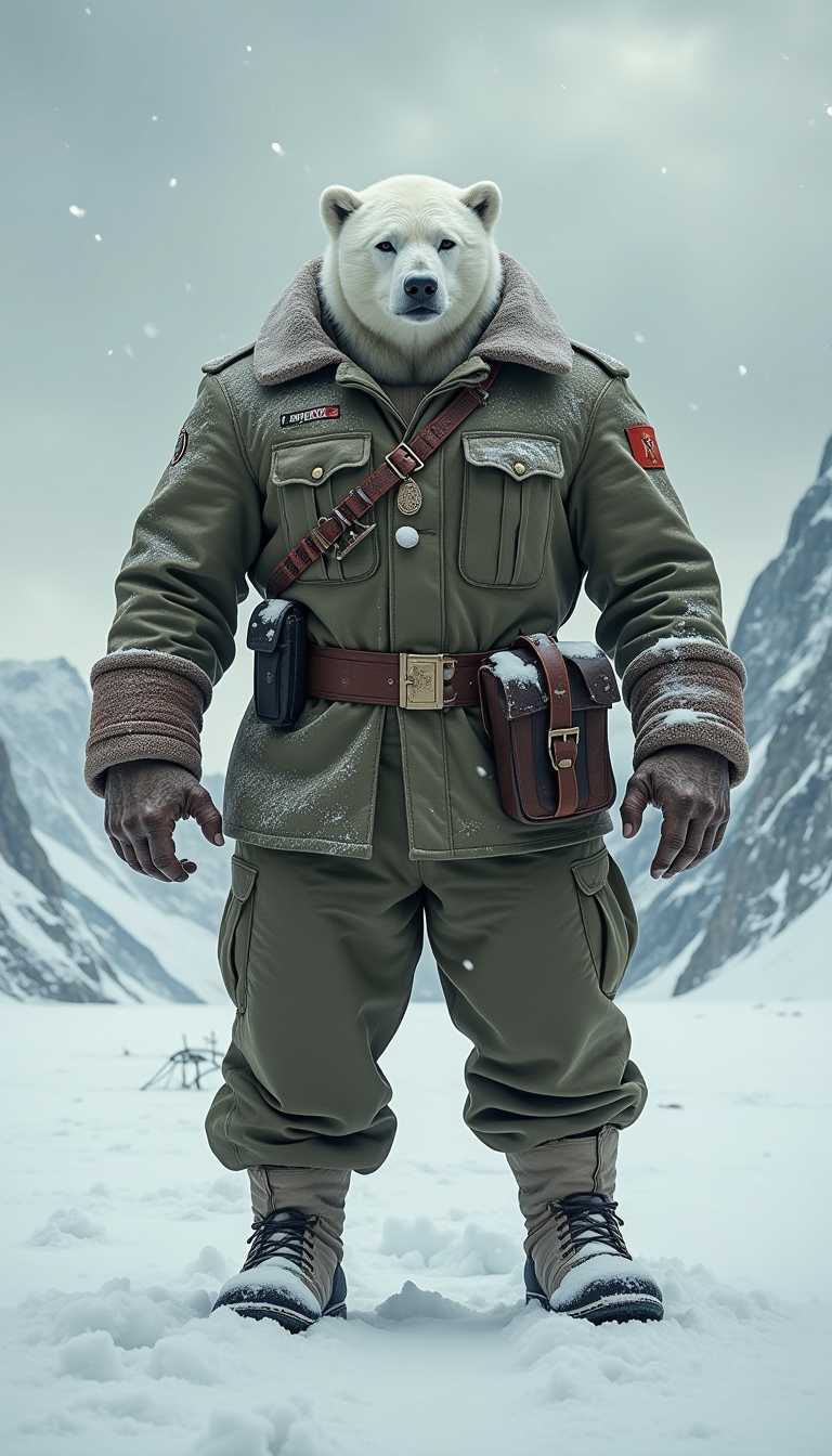 The image depicts a formidable Russian soldier standing imposingly in a desolate, snow-covered landscape. His human body is muscular and powerful, showcasing finely sculpted muscles that reflect both strength and brutality. The soldier's head, resembling that of a polar bear, features a thick, white fur covering and sharp, piercing eyes that exude intelligence and ferocity. He wears a weathered Russian military uniform, blending earthy tones of green and brown with patches of white snow, designed to withstand extreme cold. The uniform is adorned with insignias and medals, hinting at his valor and experience. In the background, a stark, icy terrain stretches into the horizon, with jagged mountains and swirling snowflakes caught in a fierce wind, creating a sense of isolation and harshness. The sky above is a muted gray, heavy with clouds that threaten more snow, casting a somber light over the scene. The composition is dynamic, with the soldier positioned slightly off-center, creating a sense of movement as if he is preparing to confront an unseen foe. The low angle perspective emphasizes his imposing stature, while the soft, diffused lighting enhances the textures of his fur and uniform, contrasting against the cold, hard landscape. Keywords: surrealism, realism, dramatic, high contrast, dynamic composition, low angle perspective, muted color palette, soft lighting, detailed textures, tension.