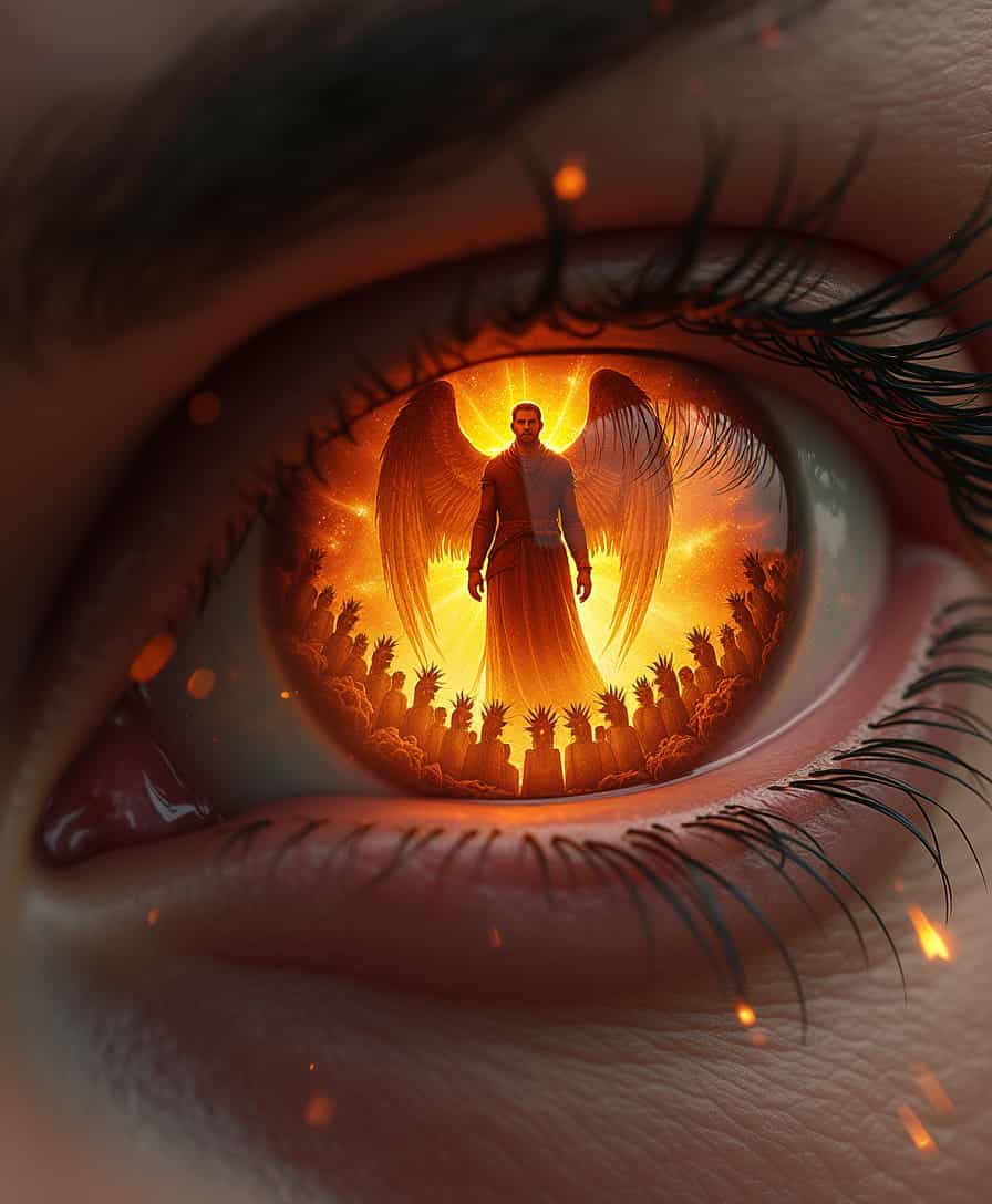 “Depict a close-up of Lucifer’s manly  eye, its glowing orange hue burning with intensity. The eye is rich with detail, showing a mix of pride, ambition, and yearning. Within the reflection of his pupil, reveal a vivid scene of himself standing tall and majestic, surrounded by countless angels bowing and worshiping him. The reflection should exude grandeur and power, contrasting sharply with the underlying darkness in his gaze. Subtle cracks of shadow creep around the edges of the eye, symbolizing the corruption taking hold within.”
