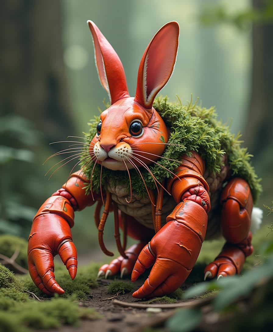 Moss-Covered Rabbit-Lobster in Enchanted Forest