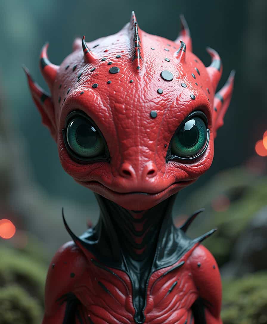 A close-up portrait of an alien creature, rendered in a hyperrealistic 3D style. Its skin is a vibrant, glossy red, speckled with dark, almost black, circular markings. The creature has large, expressive eyes with a teal or bluish-green iris, and a small, almost pouty mouth. Its head is somewhat bulbous, and its body is adorned with sharp, spiky protrusions, particularly around the neck and shoulders. Set against an alien world, the environment features surreal landscapes filled with bioluminescent flora and floating rock formations, creating a sci-fi atmosphere. The background is a dark, out-of-focus blur, enhancing the otherworldly feel. The overall mood is a blend of curiosity and slight unease; the creature is both captivating and slightly unsettling. High-contrast lighting emphasizes the glossy texture of the skin and the sharp details of the protrusions, with vibrant red and dark accents standing out vividly against the alien backdrop. The focus remains on the creature's expressive eyes and unique features, drawing the viewer deeper into this intriguing sci-fi realm.