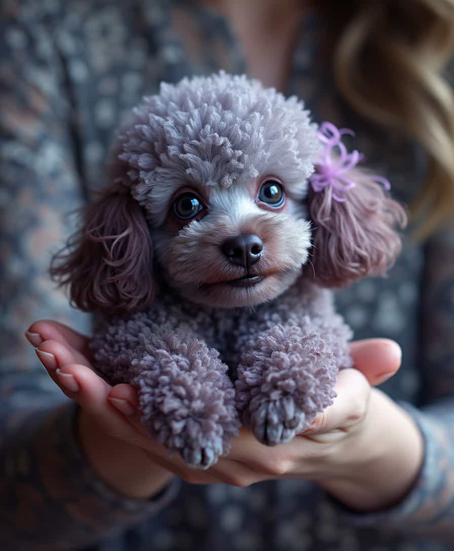 The image features a resting but playfully looking  dramatic whimsical  miniature toy  poodle with its head on its front paws , its fur a vibrant shade of purplish greys and silver, with salt and pepper accents and lightly feathered touches  of slightly darker purple undertones and highlights, giving it a playful and fantasy bubbly appearance. The dog has overly large, expressive eyes adorned with the look of love at first sight, precisely detailed with intricate, colorful patterns that draw attention and add a touch of artistry. The composition is centered, slightly panned upward with the dog sitting looking upward just so slightly  in an woman’s elegant soft hand, the poodle and  hand is in sharp focus against a blurred dimly lit soft, neutral based colored background that enhances the dog’s fur  and creates a sleepy and dreamy atmosphere. The lighting is dynamic but soft and diffused, casting a gentle aura that highlights the textures of the fur and the details of the colored iris on its eyes. The overall genre of the visual lis more  hyper realistic with a touch of fantasy and surrealism, capturing a sense of wonder and creativity that invites viewers to imagine a world where such beatifly elegant and mystically enchanting creatures exist.