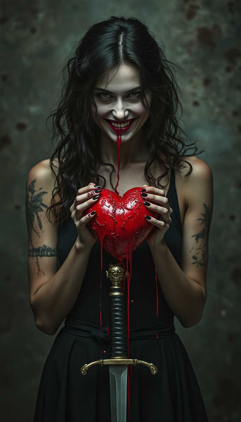 a woman holding a beating heart with a cruel smile holding a sword in her other hand. background dark and eerie with a valentine's theme