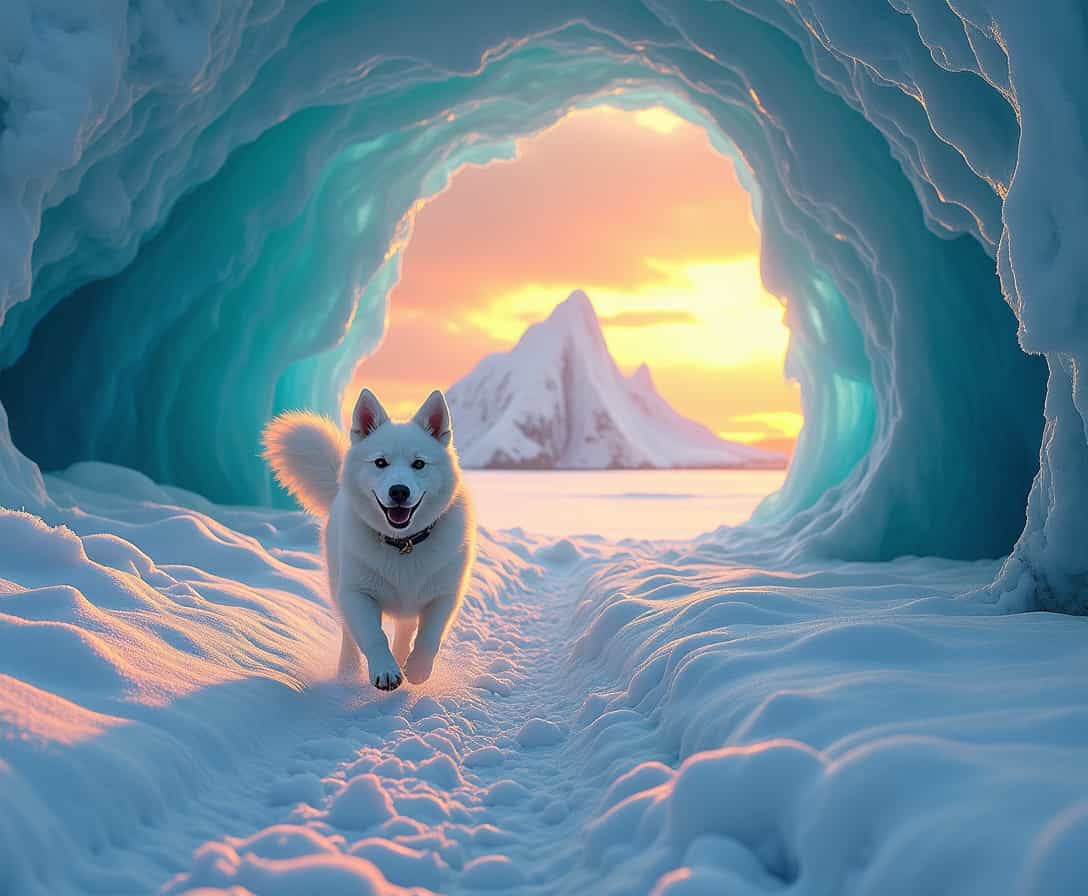 In a style that merges the serenity of winter with the vibrant beauty of nature, a white dog joyfully bounds through a snowy landscape, its fur a striking contrast against the fluffy white blanket covering the ground. The scene captures the essence of outdoor winter activity, yet it is enriched by the presence of a majestic iceberg nearby. This colorful iceberg, adorned with intricate carvings and ridges, rises dramatically from the icy waters, its blue-green tones shimmering under the warm orange hues of a breathtaking sunset. 

As the sky transitions from day to night, the dog's playful energy harmonizes with the serene atmosphere created by the iceberg and the cave that surrounds it. The cave's shadows dance along the icy walls, adding depth to the tranquil scene, while the vibrant colors of the iceberg reflect the last light of day. Together, the dog and the iceberg encapsulate the beauty of nature in winter, showcasing an exquisite balance between the lively spirit of the dog and the majestic stillness of the iceberg.

This enchanting setting, filled with the essence of winter activity and the stunning details of a natural wonder, invites viewers to experience the tranquility and joy of the moment, where the cold meets warmth in a dazzling display of color and life.