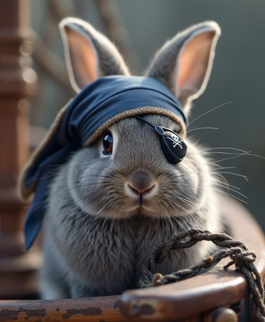 A cute small gray bunny with a pirate eye patch on its right eye on a pirate ship