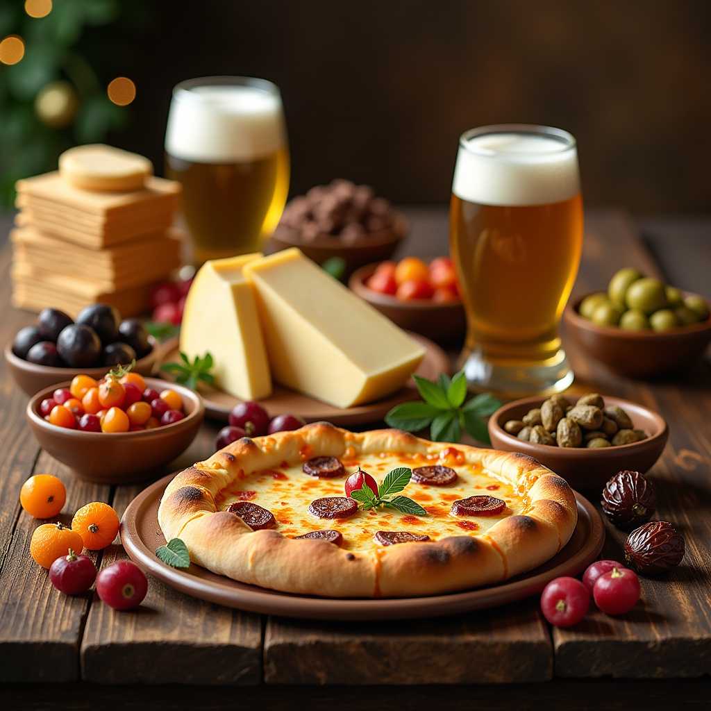 A beautifully arranged gourmet spread featuring a variety of high-quality cheeses with distinct textures, rich Swiss chocolate in elegant pieces, frothy golden beer in stylish glasses, a selection of green and black olives glistening with freshness, aromatic spices in decorative bowls, and a freshly baked pizza with a crispy crust and bubbling melted cheese. The table is further adorned with an assortment of dried fruits such as apricots, figs, and dates, colorful candies in different shapes and textures, and crispy wafer cookies stacked neatly. Everything is displayed on a rustic wooden table, with warm and inviting lighting that enhances the rich textures and vibrant colors. The background is softly blurred to create depth, and the image is in ultra-high definition (HD), capturing every intricate detail with stunning realism and clarity