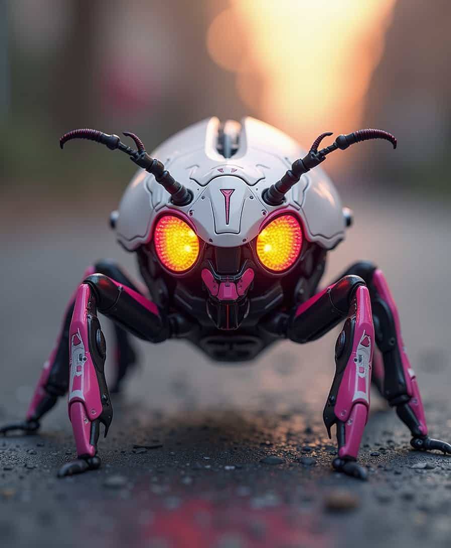  full-body futuristic war insect, weaponized futuristic Beetle, stylized, cute, detailed, vibrant high contrasting multi-color beetle, three color beetle: white black and fluorescent pink, do not use orange color on the beetle, random colors Beetle, large bright color eyes, Beetle has only four legs, mechanical segmented strong legs, intricate details,  perspective close up,  realistic lighting, random surface,  3D rendering,  futuristic fantasy,  cartoonish,  stylized insect,  mechanical futuristic texture, detailed design,  whimsical, warm lighting, high contrast,  focus on beetle's details,  carapace made of a random material, carapace made of ultra-vibrant colors, bright eyes, fine details,  realistic rendering, random background scene, random ground texture, lighting from the front, camera angle focused on center of beetle, low-key,  cute character, random hour of the day (night, sunset, morning or afternoon). Do not use orange color on the beetle.