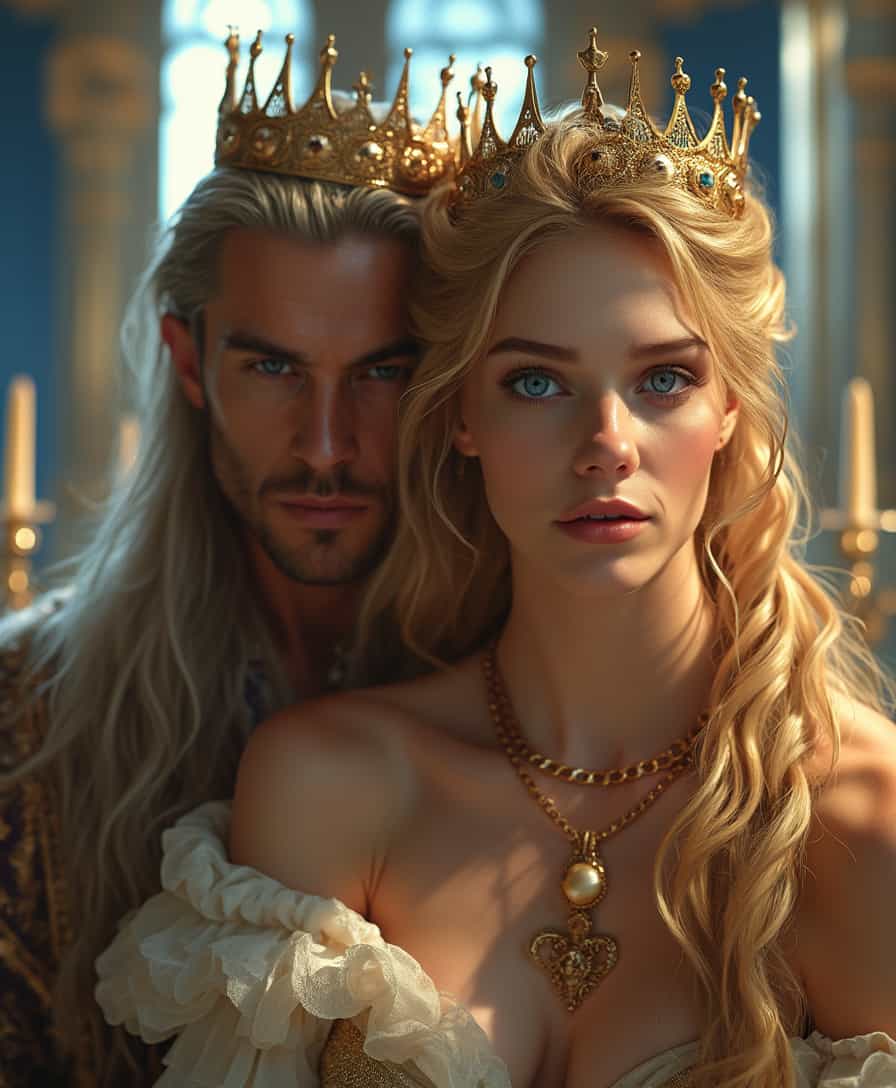 A masterpiece with intricate details, high contrast, and 8K resolution depicting the stunning face of a princess with golden hair and cat-like blue eyes with a beautiful and well-formed face, next to a man with a handsome and majestic face and an athletic body in a room with a large bed with royal crowns and a room with moonlight reflection.