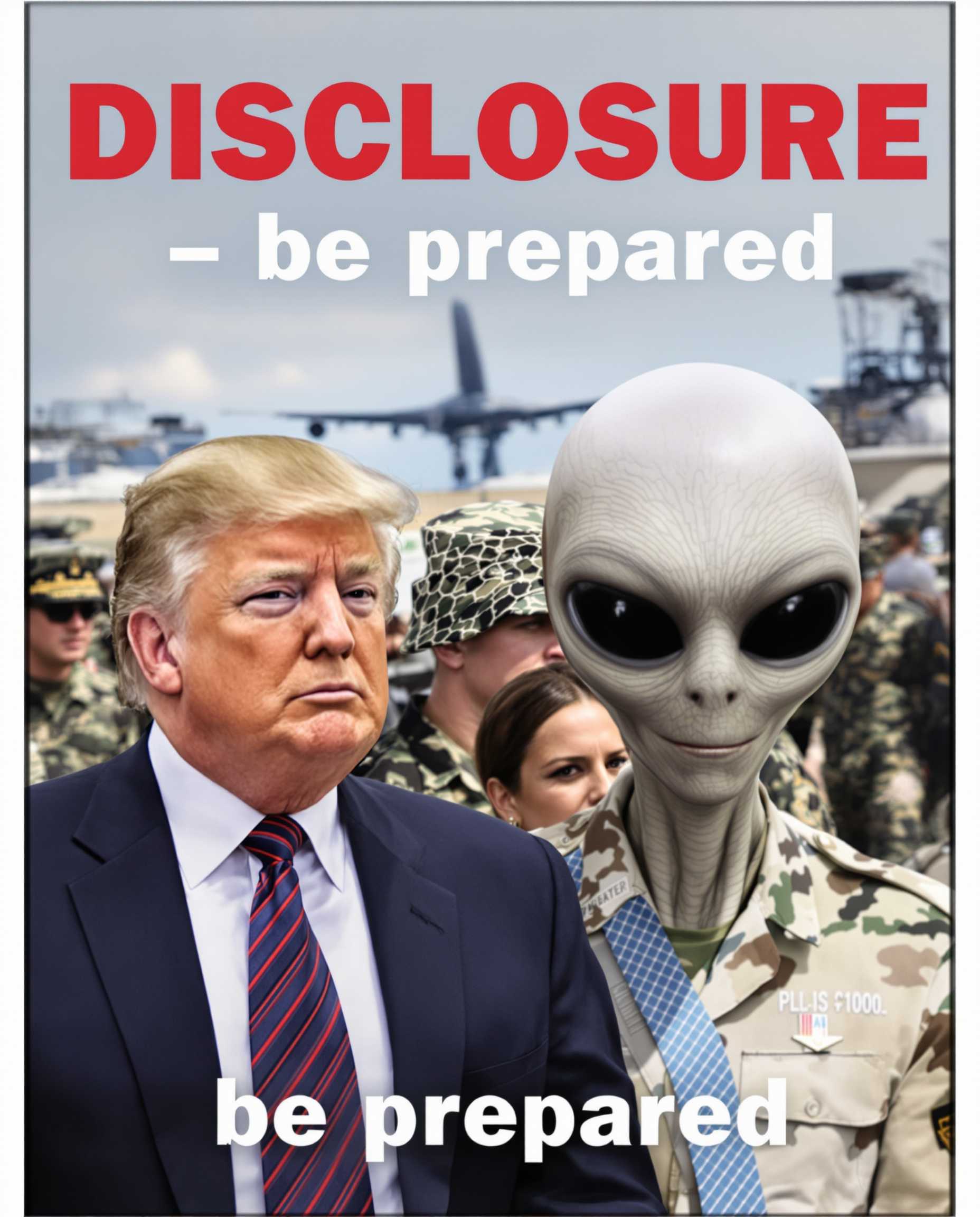 Donald Trump followed by grey extraterrestrial alien being on a military base. picture is titled with text: "Disclosure - be prepared". Background military people, bokeh